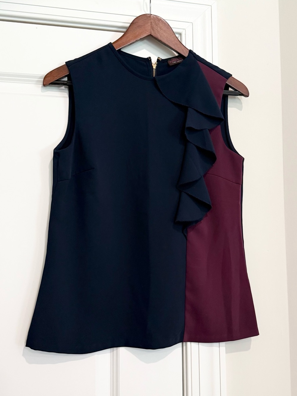 The Limited Navy and Wine Sleeveless Ruffle Shell Top